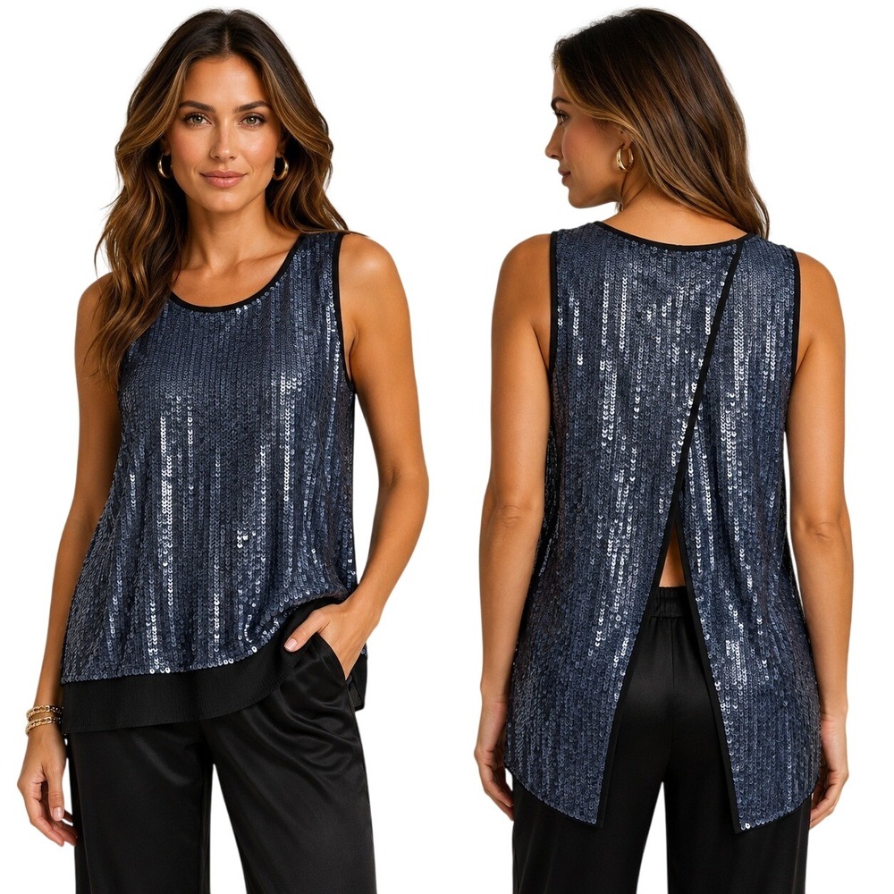Parker Womens Midnight Blue Sequin Silk Split Back Sleeveless Top Tank Small